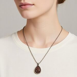 Brown Teardrop Druzy Pendant Necklace Silver Tone Chain Boho Earthy Sparkle